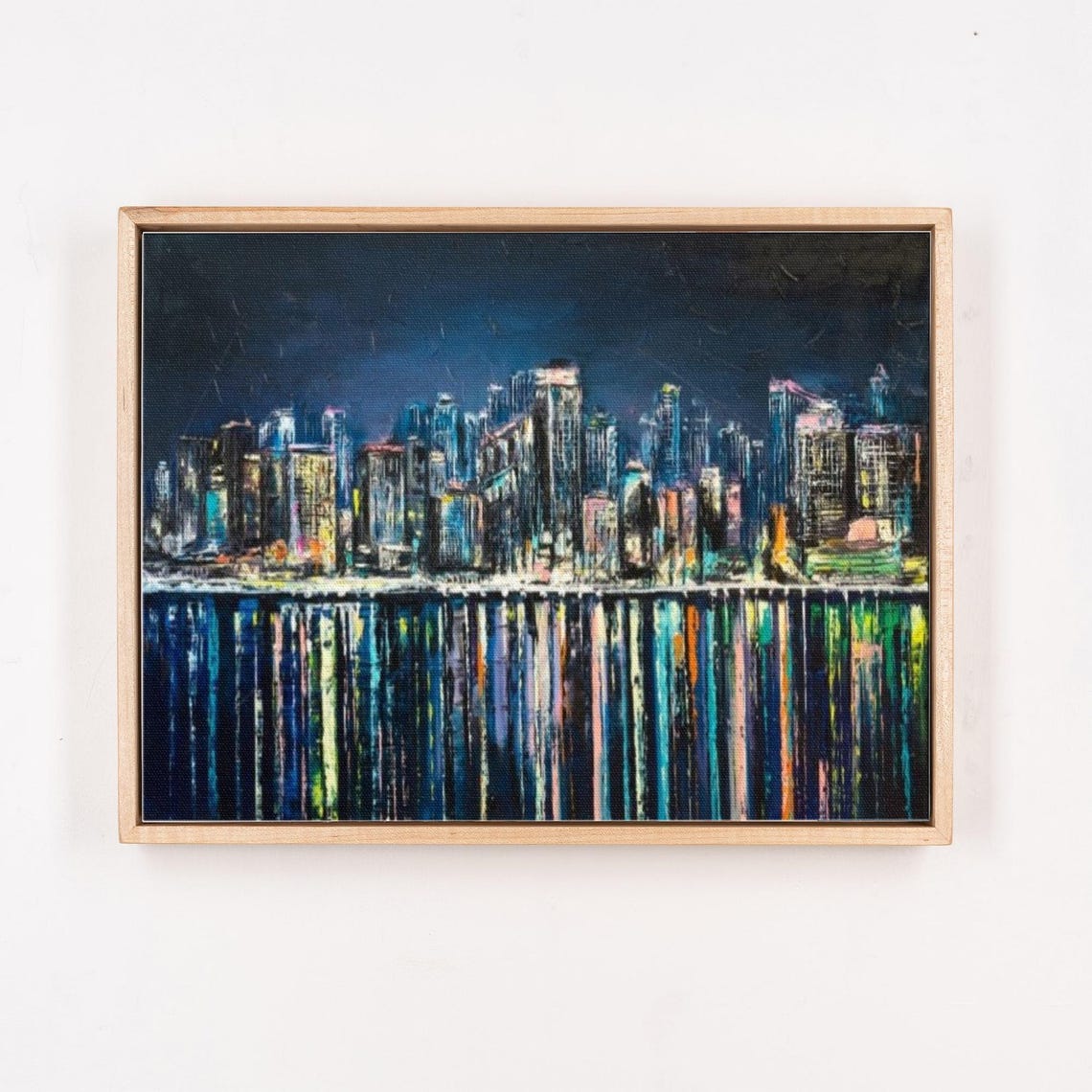 Glowing City Skyline at Night Water Reflections Oil Painting Poster - Image 4