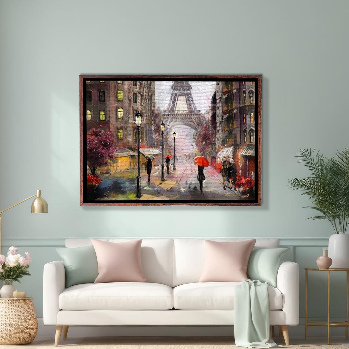 Eiffel Tower Rainy Paris Street Evening Red Umbrellas Poster