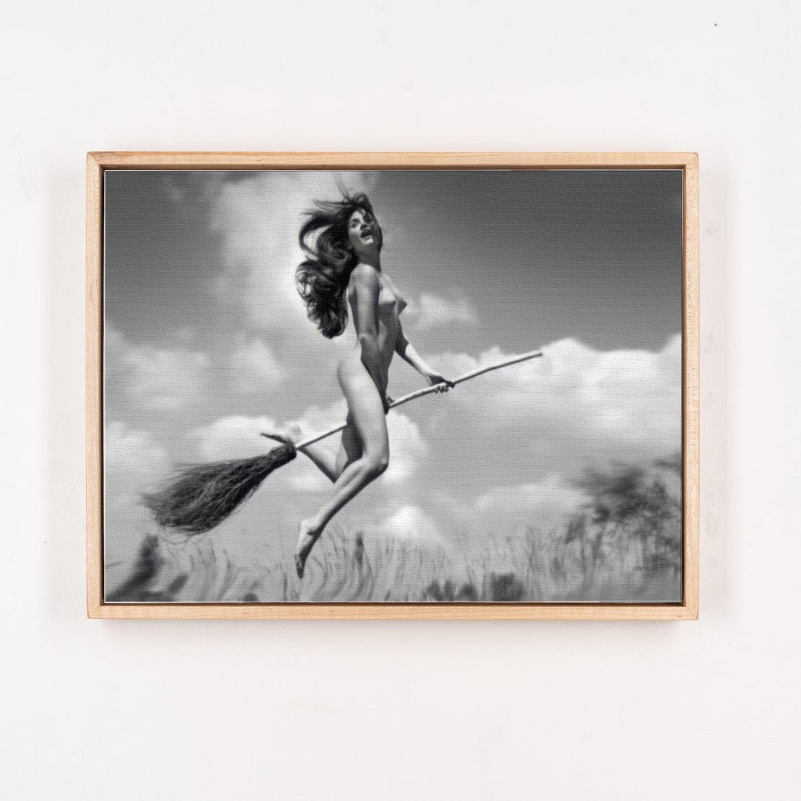 Flying Witch on Broomstick Vintage Black White Photo Art Poster - Image 4