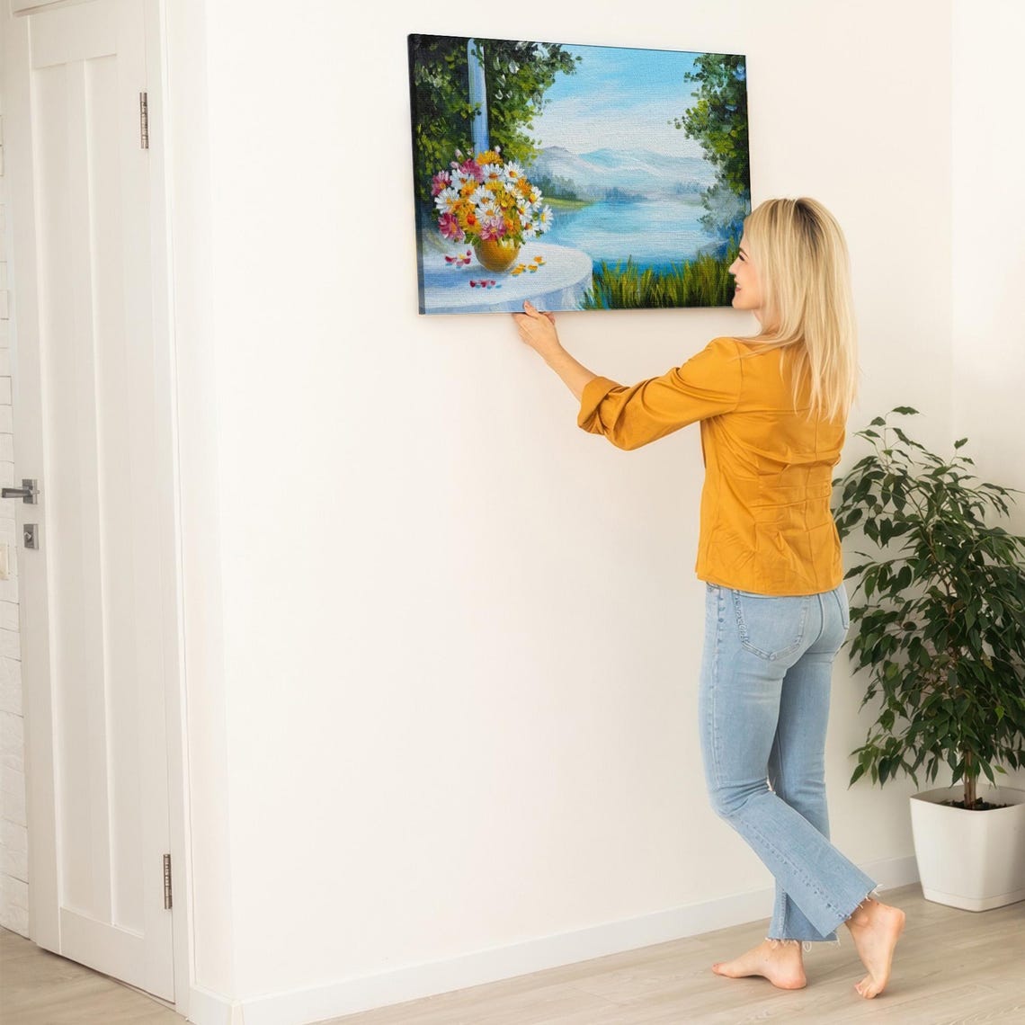 Flower Bouquet In Gold Vase Overlooking Serene Lake View Poster - Image 5