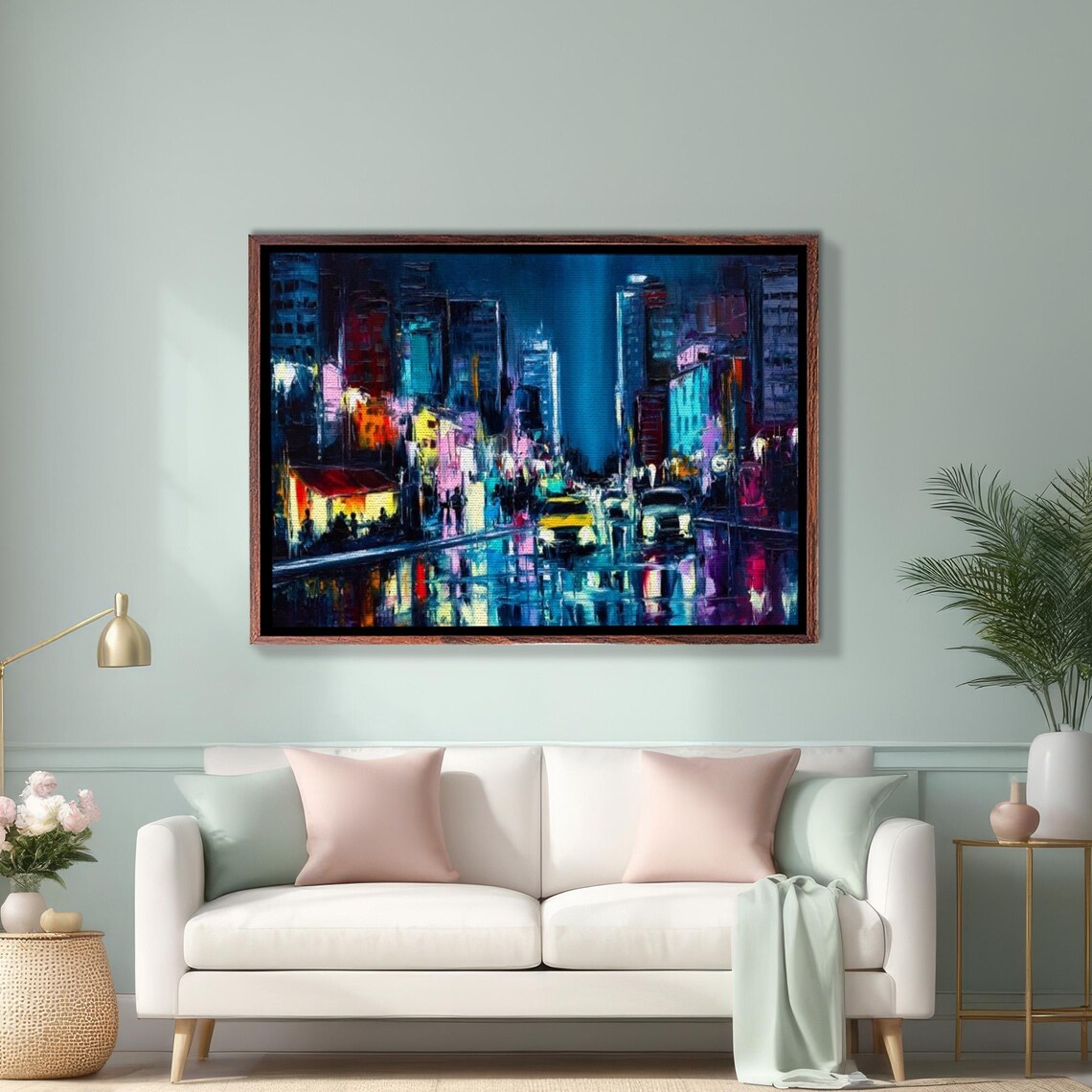 New York City Street At Night With Neon Lights And Yellow Taxi Poster