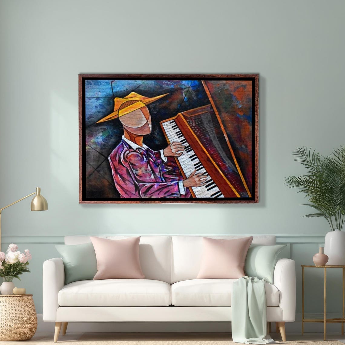 Cubist Man in Yellow Hat Playing Grand Piano Music Art Poster