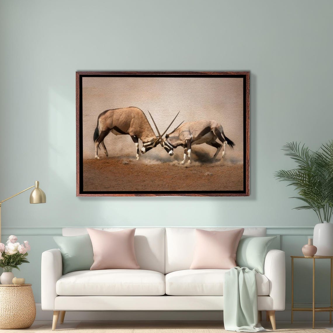 Two Oryx Antelopes Locking Horns African Desert Battle Poster