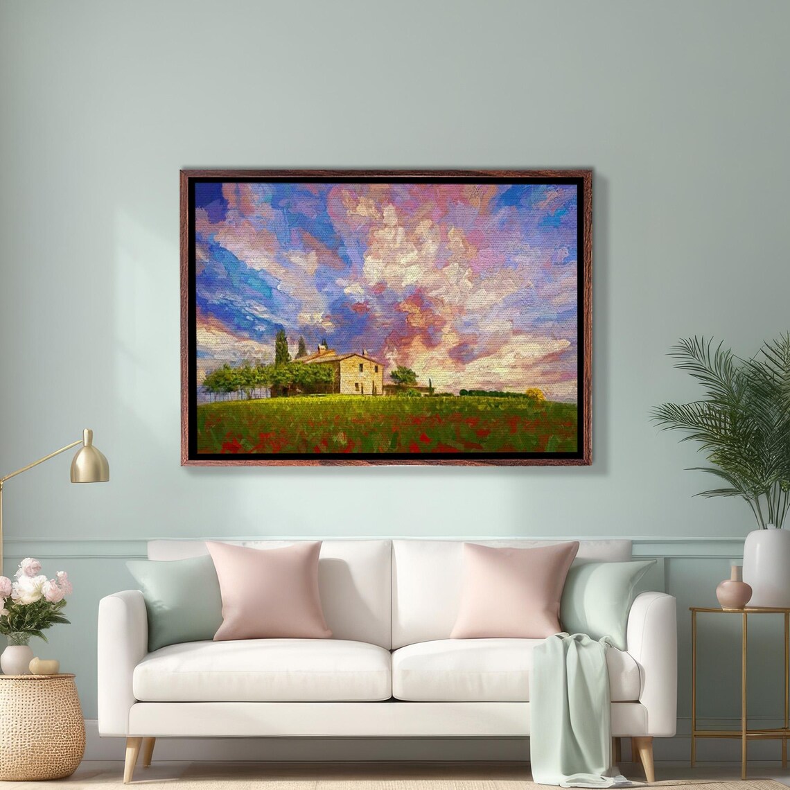 Tuscany Hilltop Farmhouse Above Red Poppy Field Oil Painting Poster