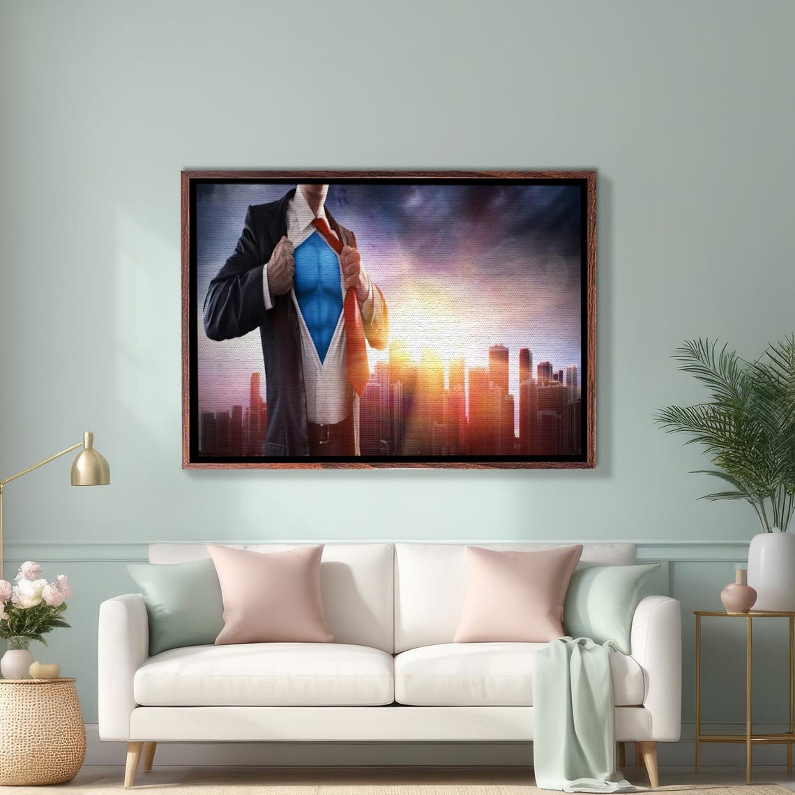 Businessman Revealing Blue Superhero Suit Over City Skyline Poster