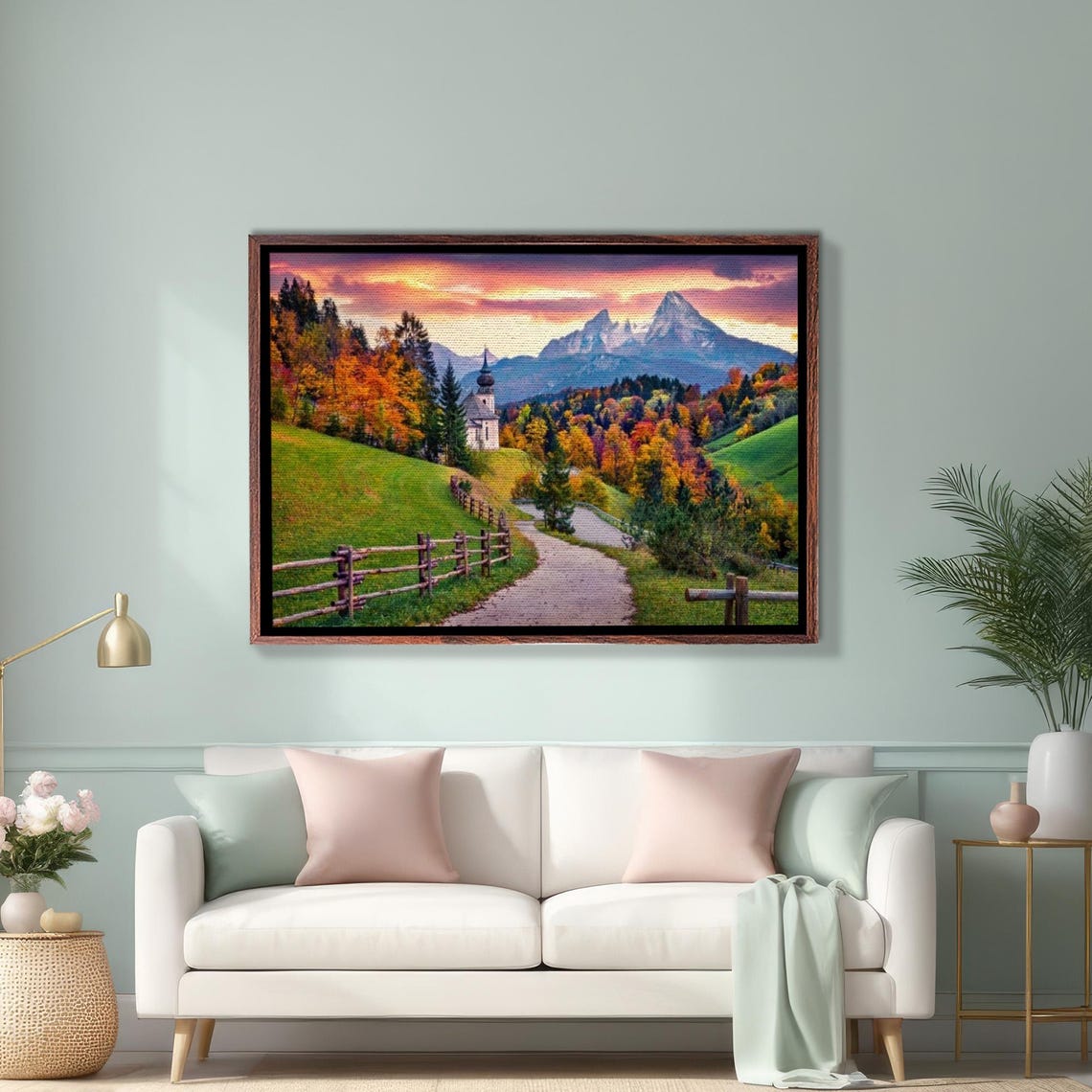 Alpine Church at Sunset With Autumn Mountains Landscape Poster