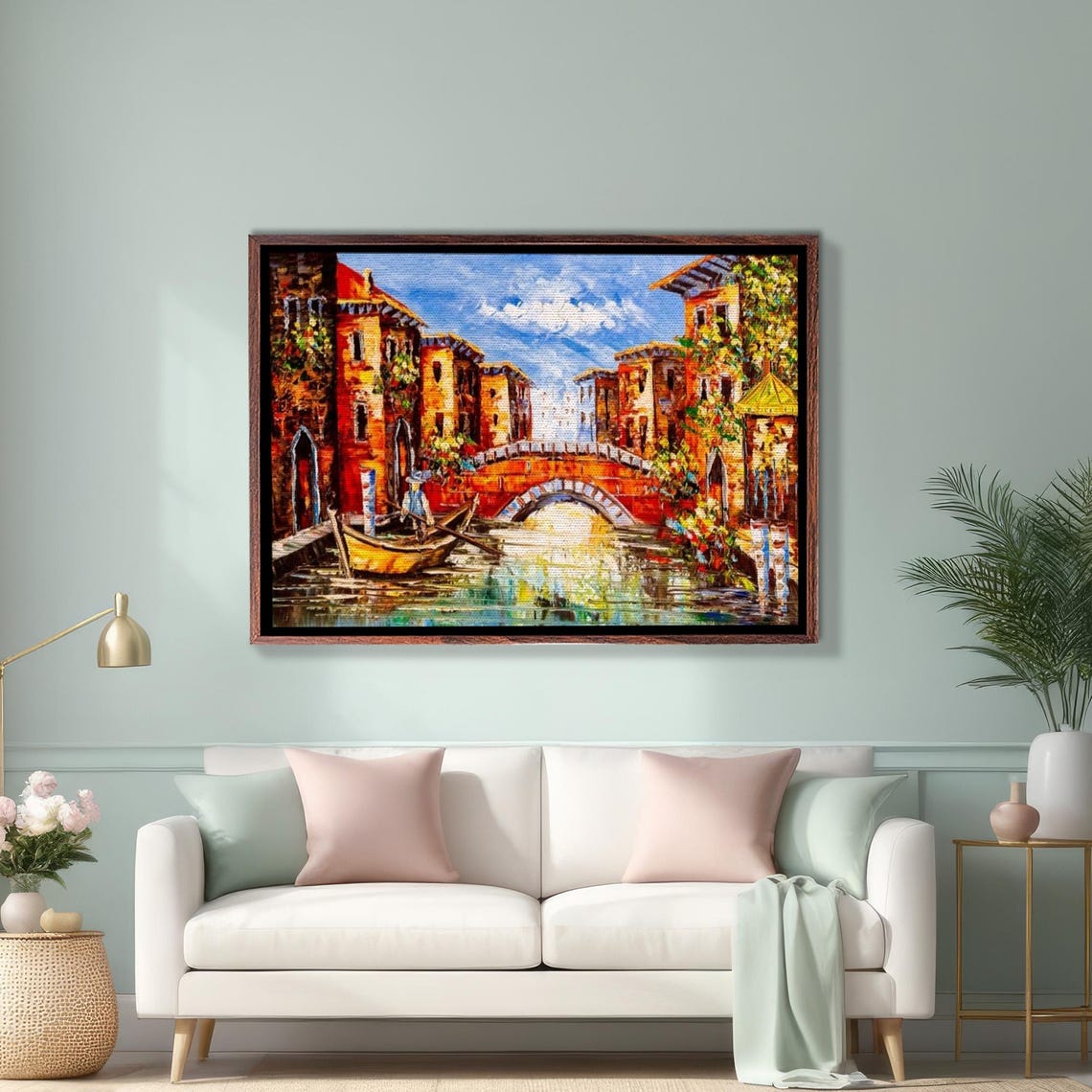 Venice Canal With Gondola And Bridge Oil Painting Scene Poster