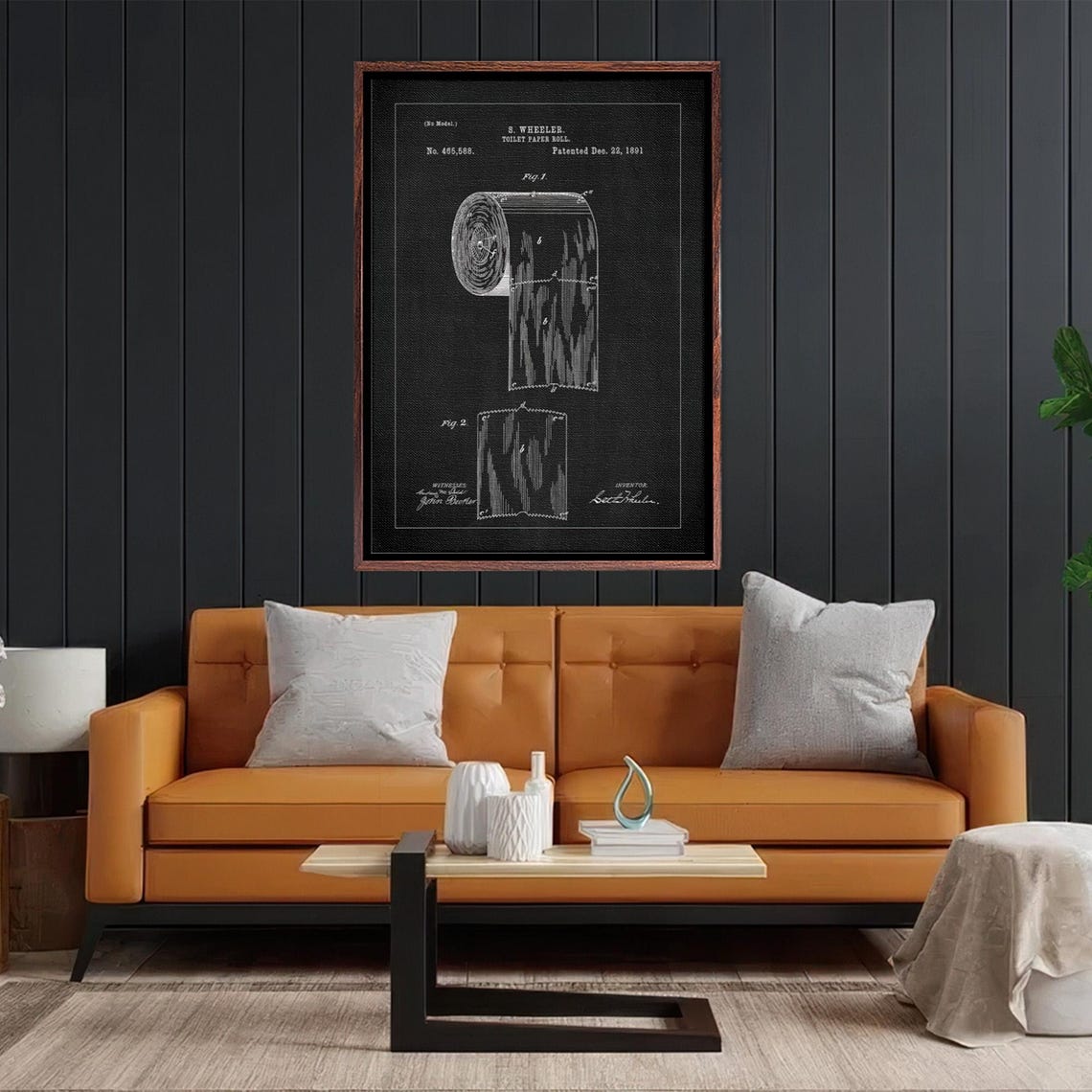 Vintage 1891 Toilet Paper Roll Patent Diagram on Black Poster - Image 2