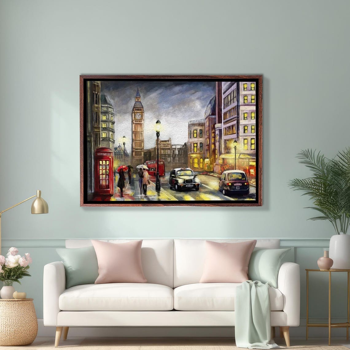 Nighttime London Street with Big Ben Red Bus and Phone Booth Poster