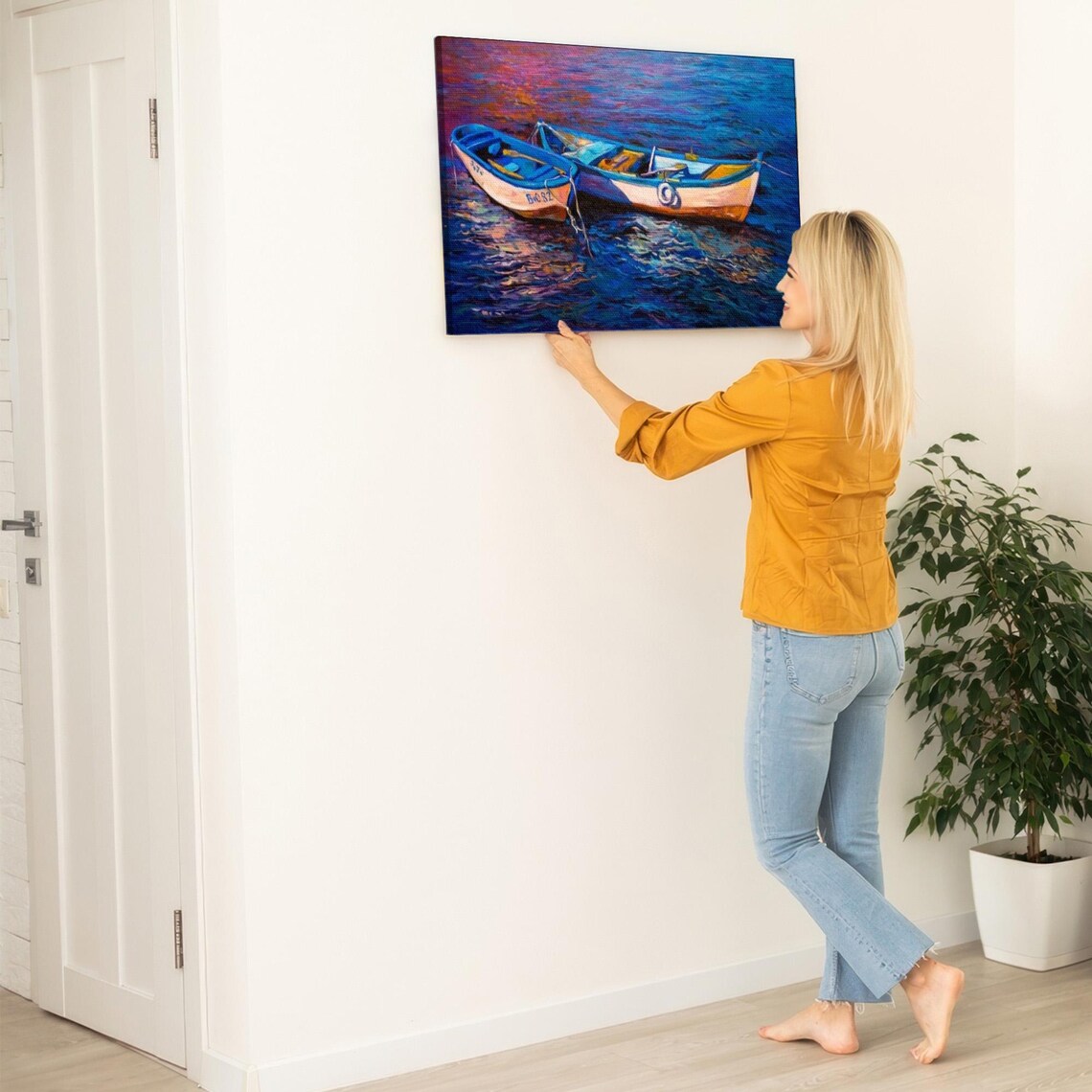Two Fishing Boats On Shimmering Blue Sea Sunset Painting Poster - Image 5