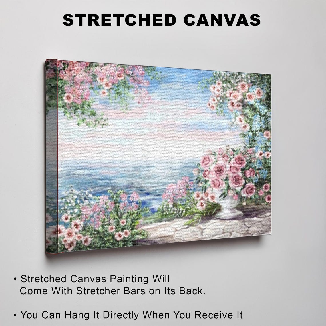 Pink Roses Cascading Over Ocean From Stone Terrace Floral Poster - Image 3