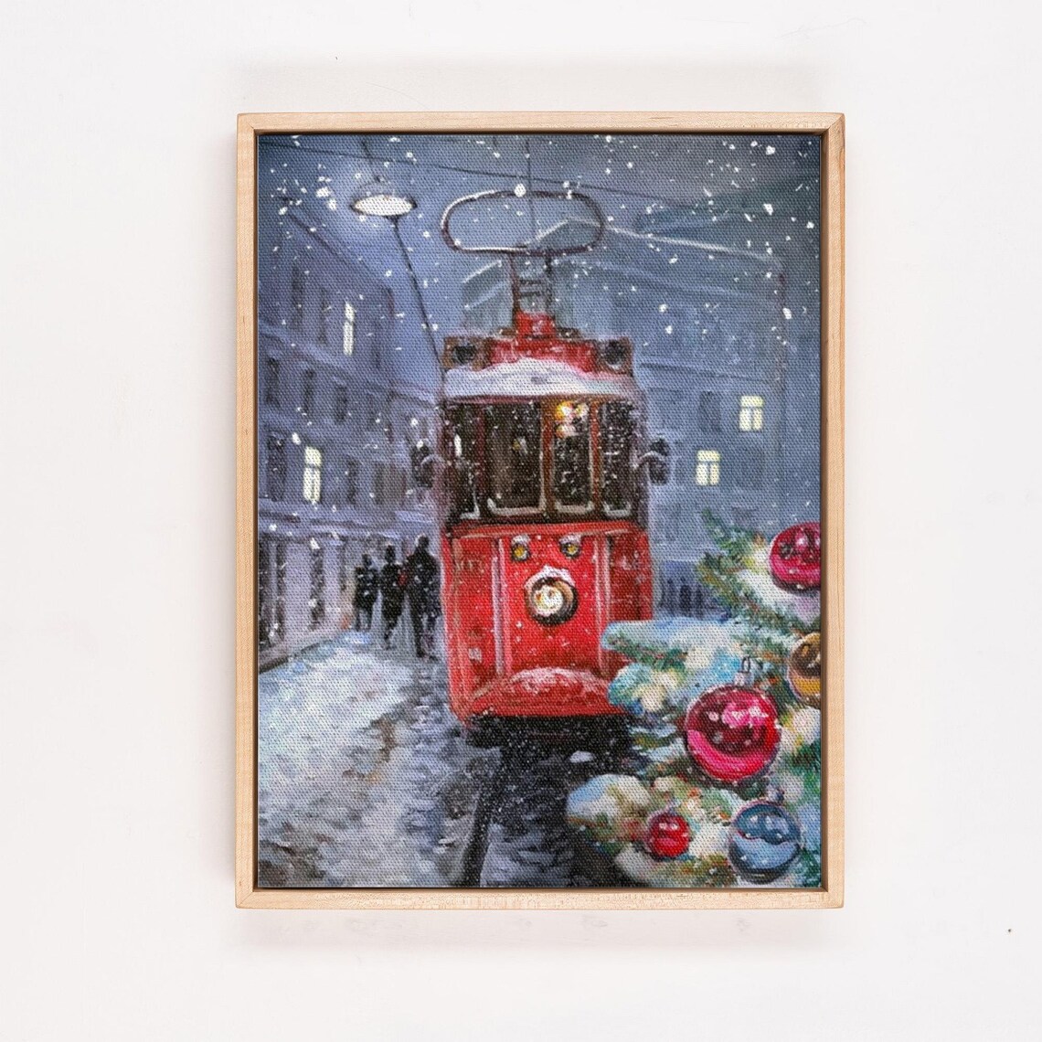 Vintage Red Tram in a Snowy City at Christmas Beside a Lit Tree Poster - Image 4