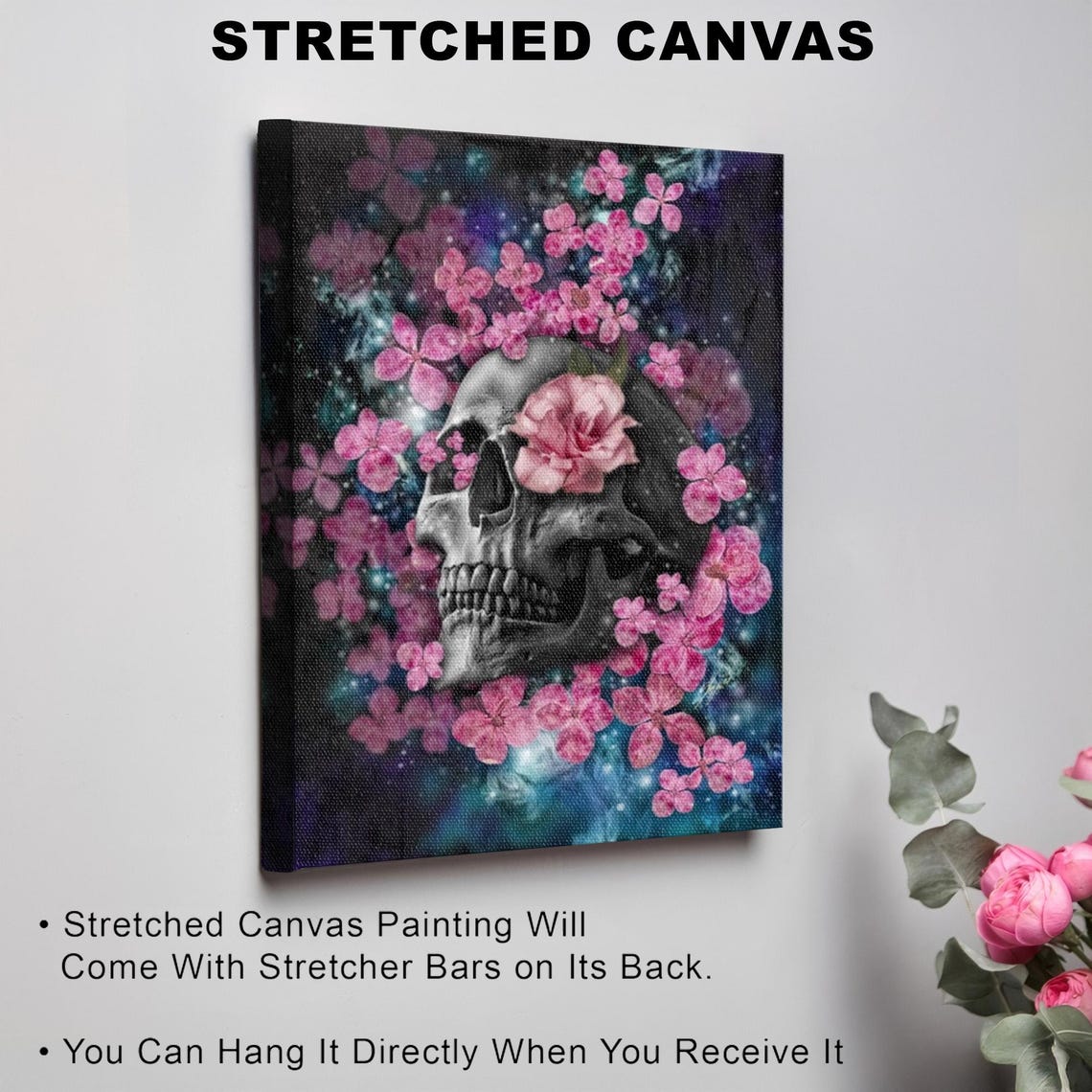 Dark Floral Skull With Pink Blossoms Gothic Botanical Poster - Image 3