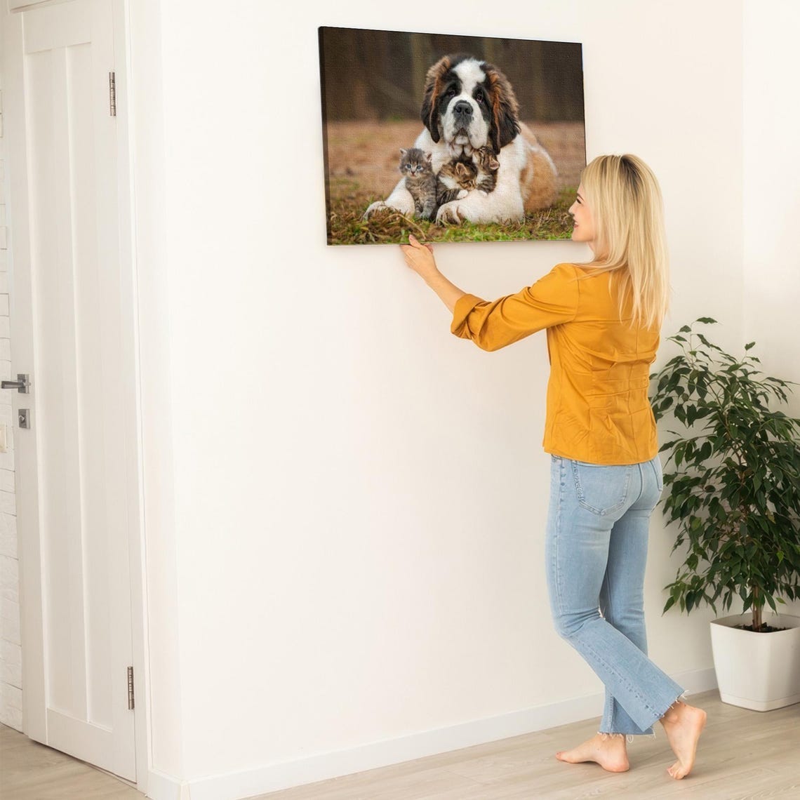 Saint Bernard Dog With Two Tiny Kittens Outdoor Photography Poster - Image 5