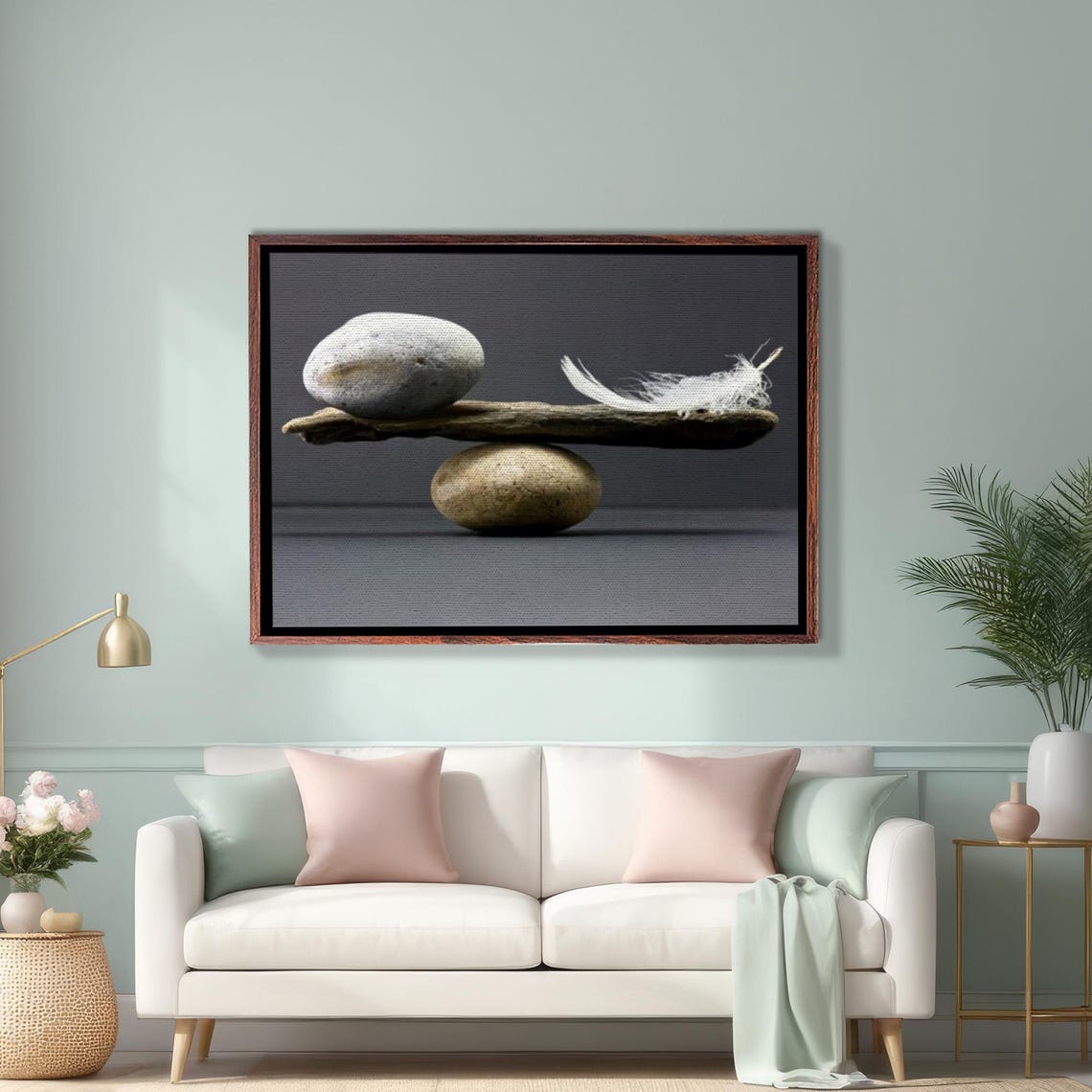 Balanced Stone And White Feather On Driftwood Zen Minimal Poster