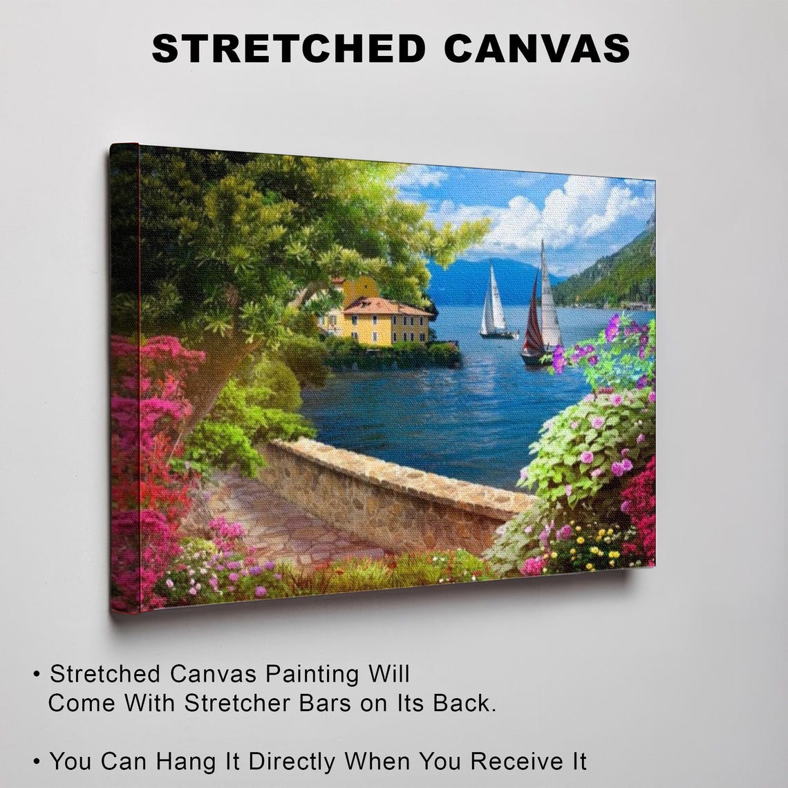 Lakeside Villa with Sailboats and Blooming Flower Gardens Poster - Image 3