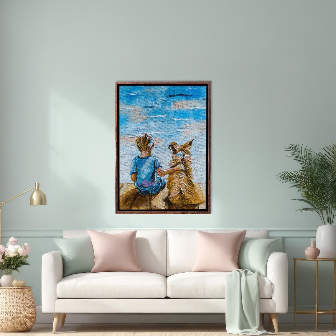 Child And Dog Sitting Together By The Lake Oil Painting Style Poster