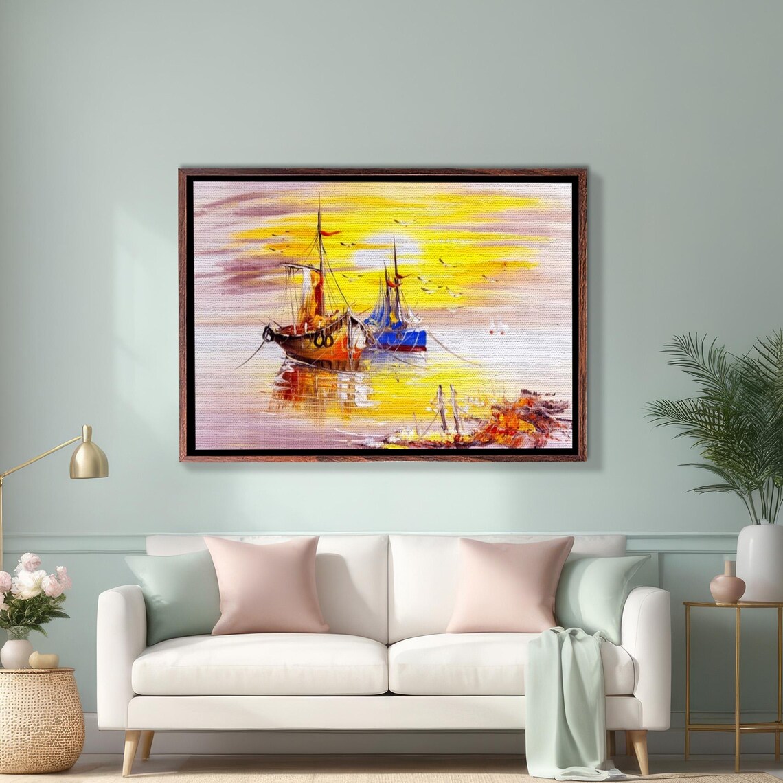 Tall Sailing Ships Golden Sunset Harbor Seascape Painting Poster