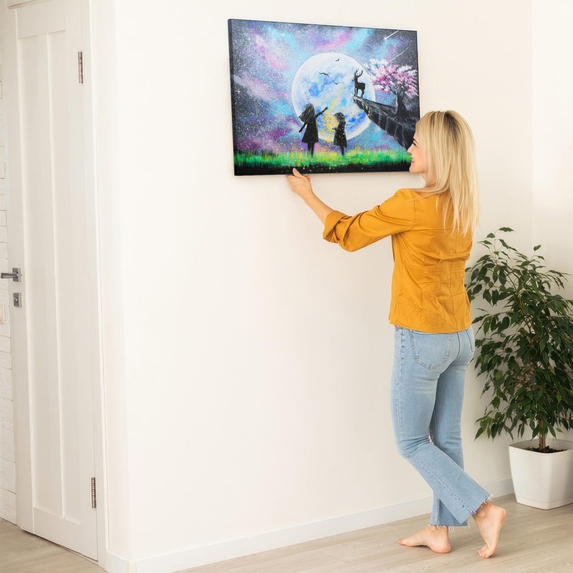 Children Watching Full Moon With Deer Fantasy Night Art Poster - Image 5