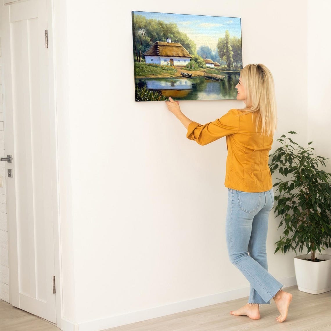 Lake View Village House Oil Painting Look Decorative Wall Art Landscape Wall Table Nature Art Nature Decor - Image 5
