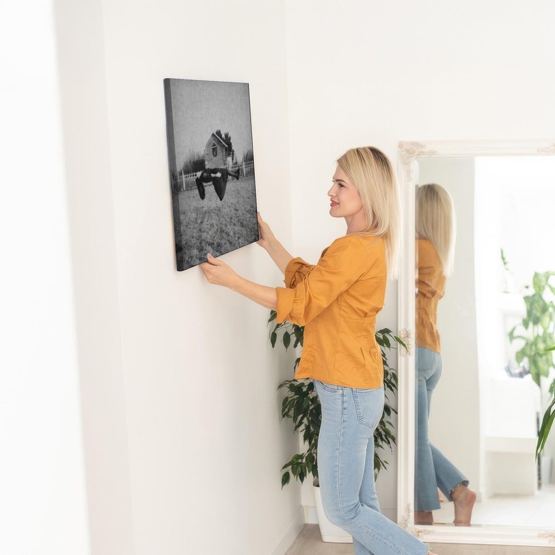 Levitating Woman In Black Dress Before Farmhouse Vintage Photo Poster - Image 5