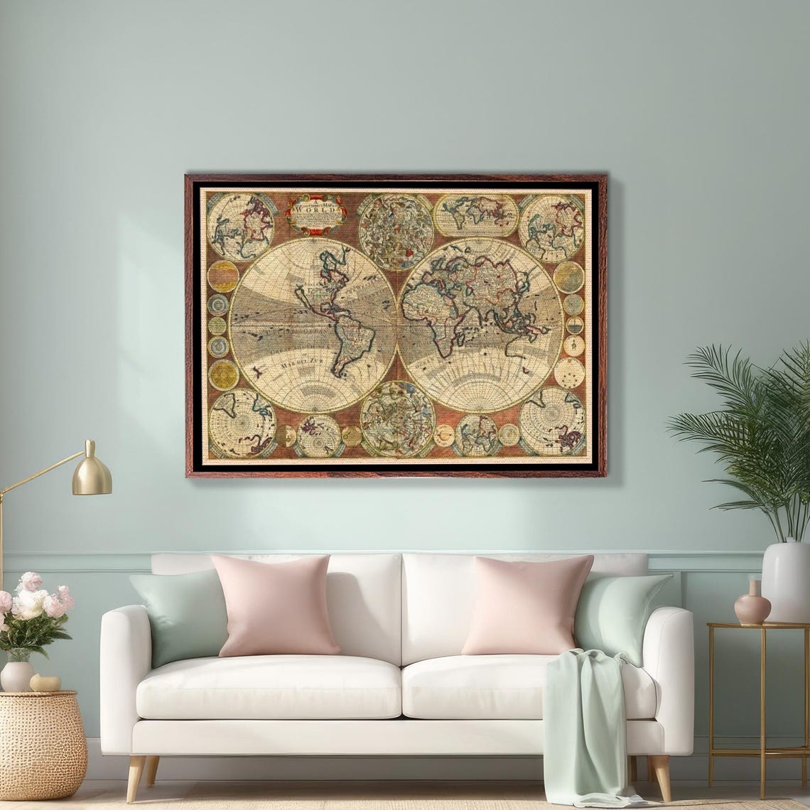 Vintage Double Hemisphere World Map Antique Cartography Poster