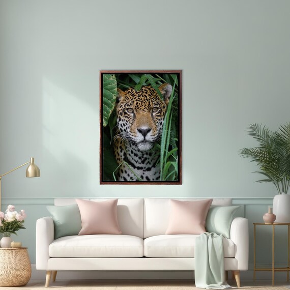 Leopard Peeking Through Lush Green Jungle Leaves Portrait Poster