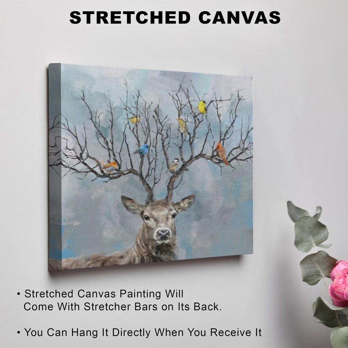 Deer Portrait With Colorful Birds Perched On Branching Antlers Poster - Image 3