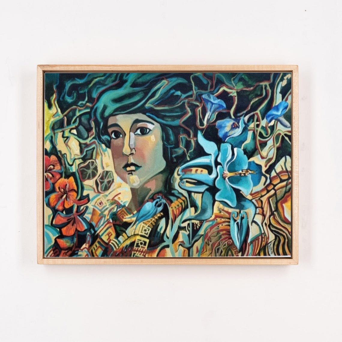 Woman Surrounded by Blue Lilies Stylized Bold Flower Portrait Poster - Image 4