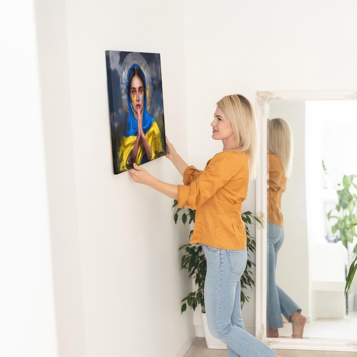Praying Woman in Blue and Yellow Wrapped in Faith Portrait Poster - Image 5