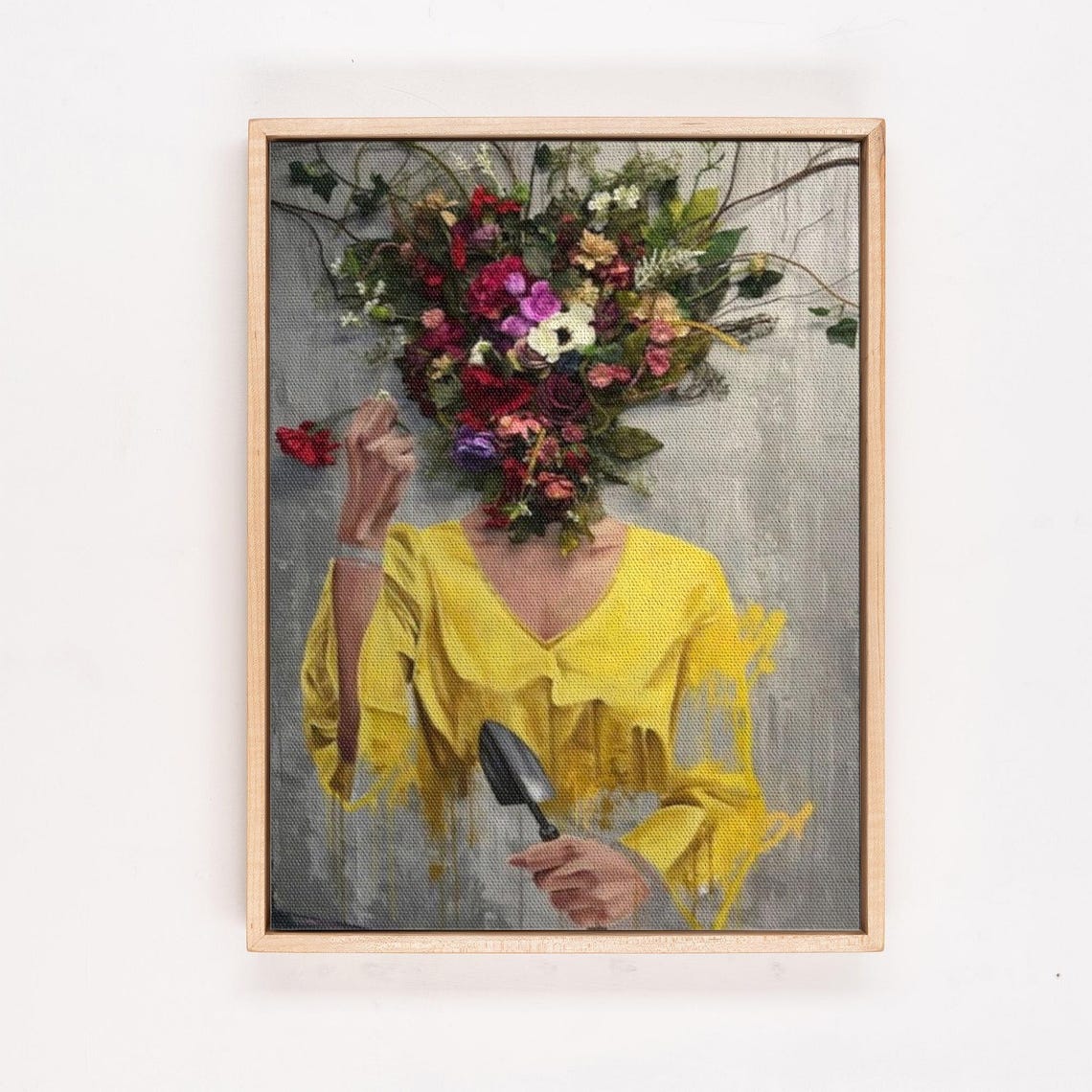 Woman With Flower Head Holding Trowel In Surreal Garden Poster - Image 4