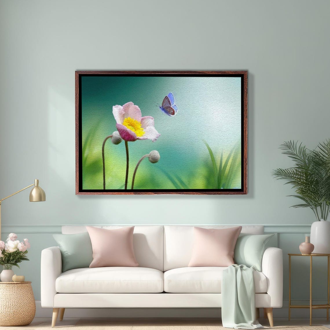Pink Anemone Flower With Blue Butterfly Spring Garden Wall Art
