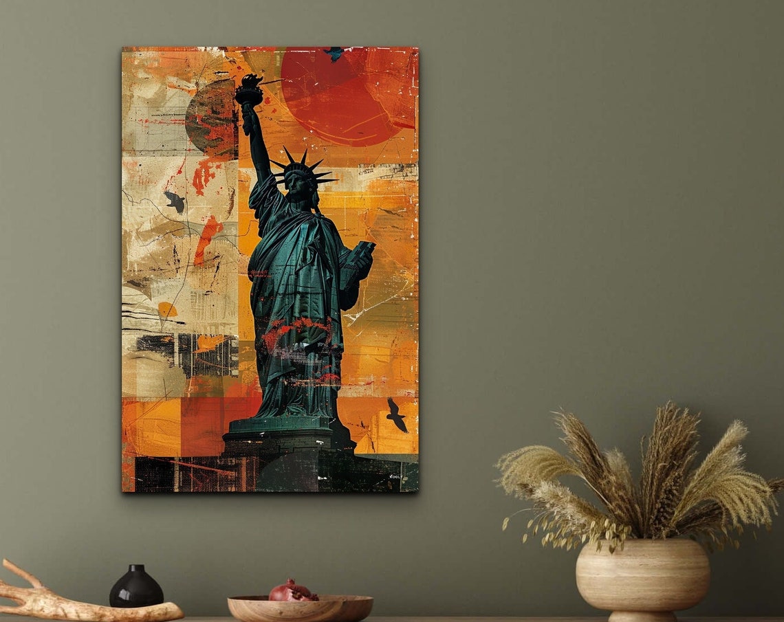 Statue of Liberty Abstract Collage with Giant Red Sun Wall Art