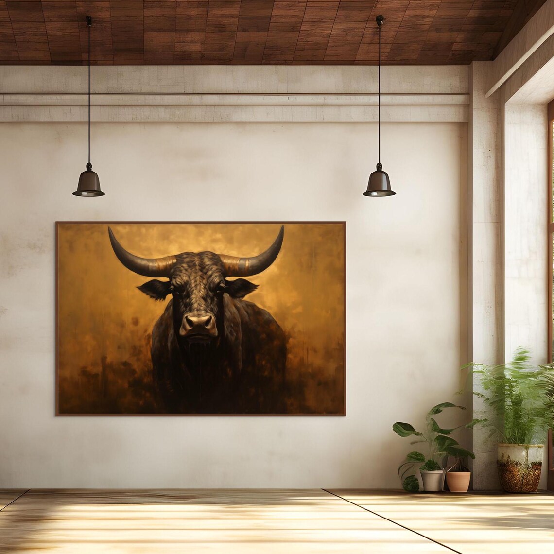 Majestic Longhorn Bull Portrait Poster with Rustic Golden Background - Image 4