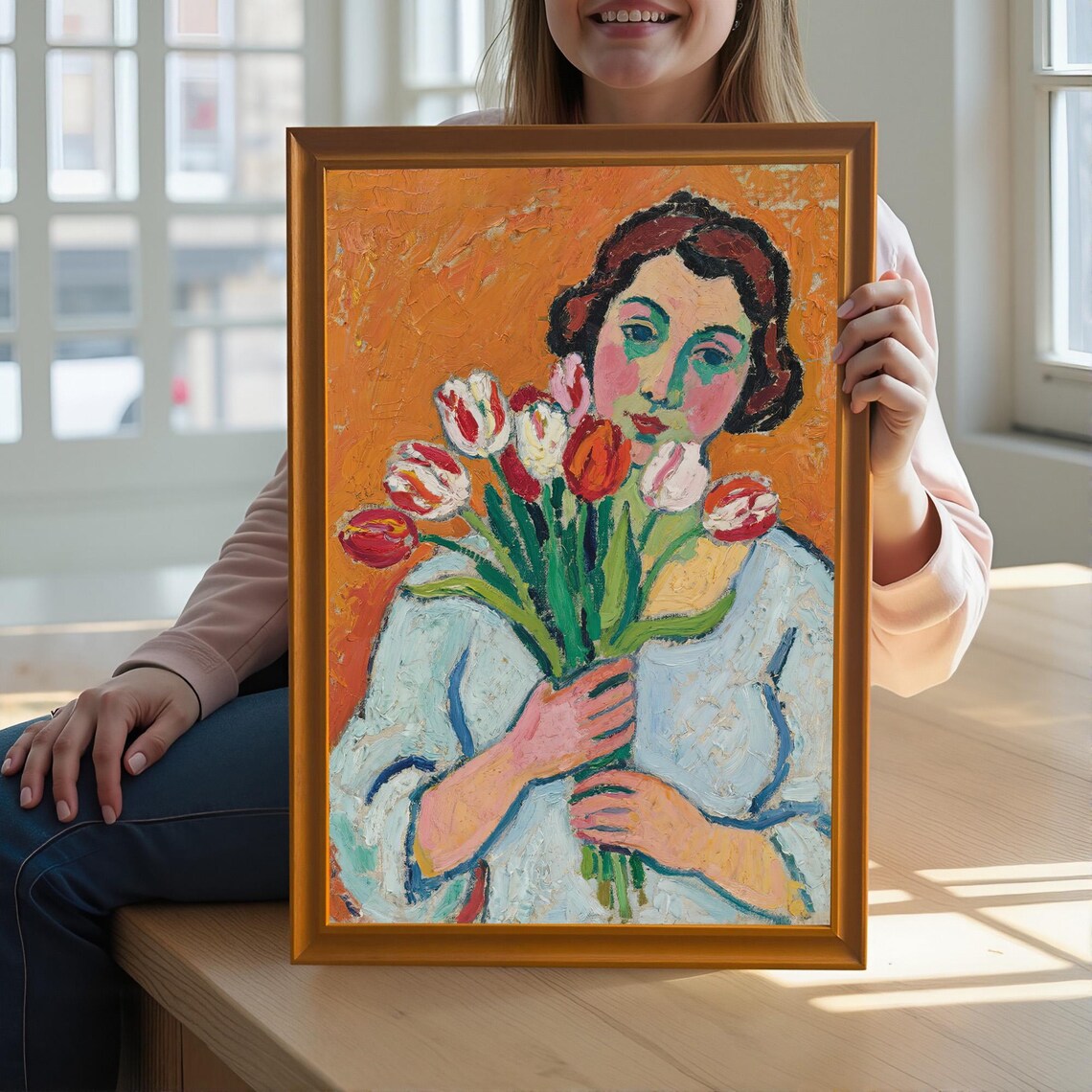 Modern Expressionist Portrait Woman With Tulips Art Print