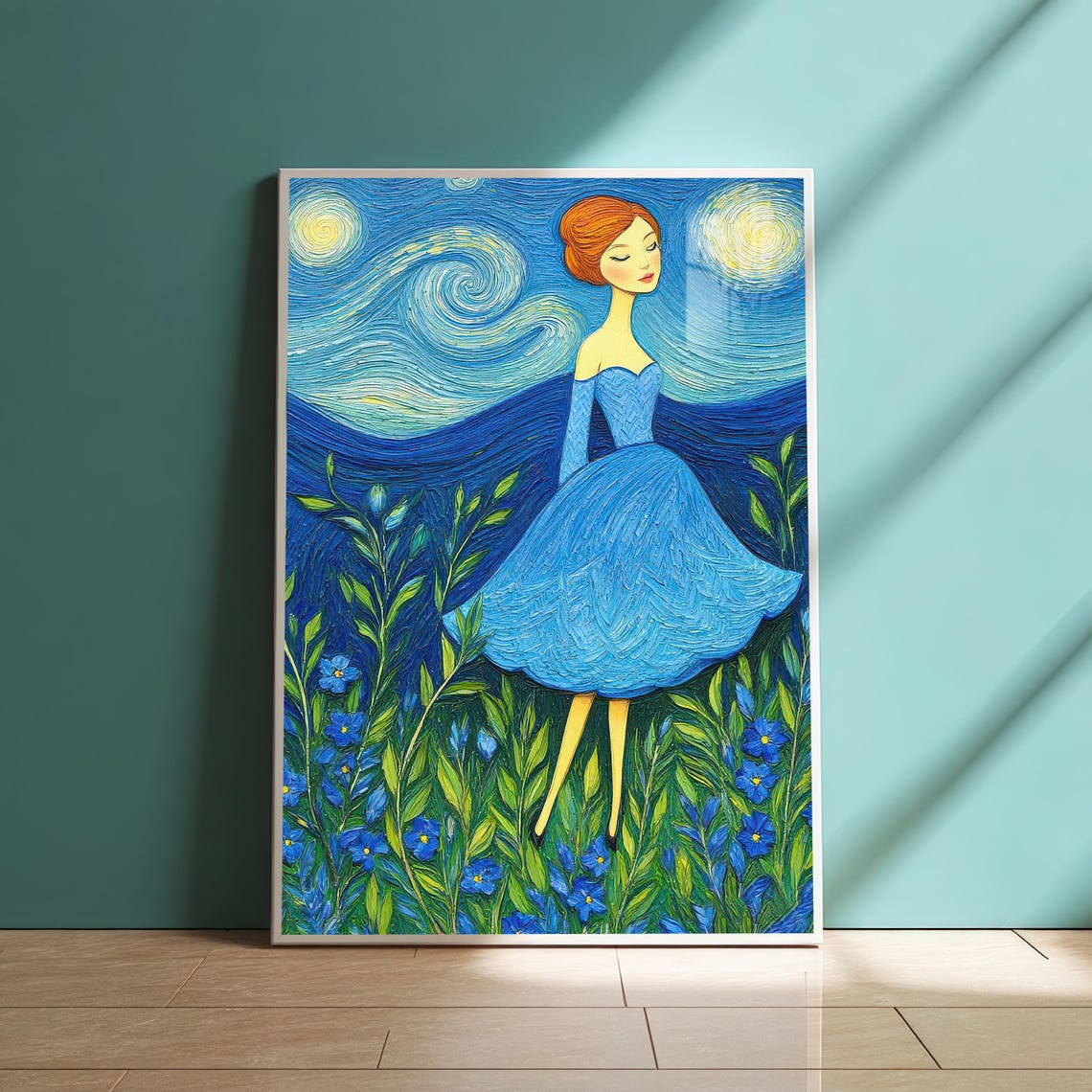 Starry Night Style Woman Art Print, Field Of Flowers - Image 6