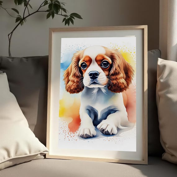Cute Cavalier King Charles Spaniel Art Watercolor Puppy Adorable Dog Wall Decor Instant