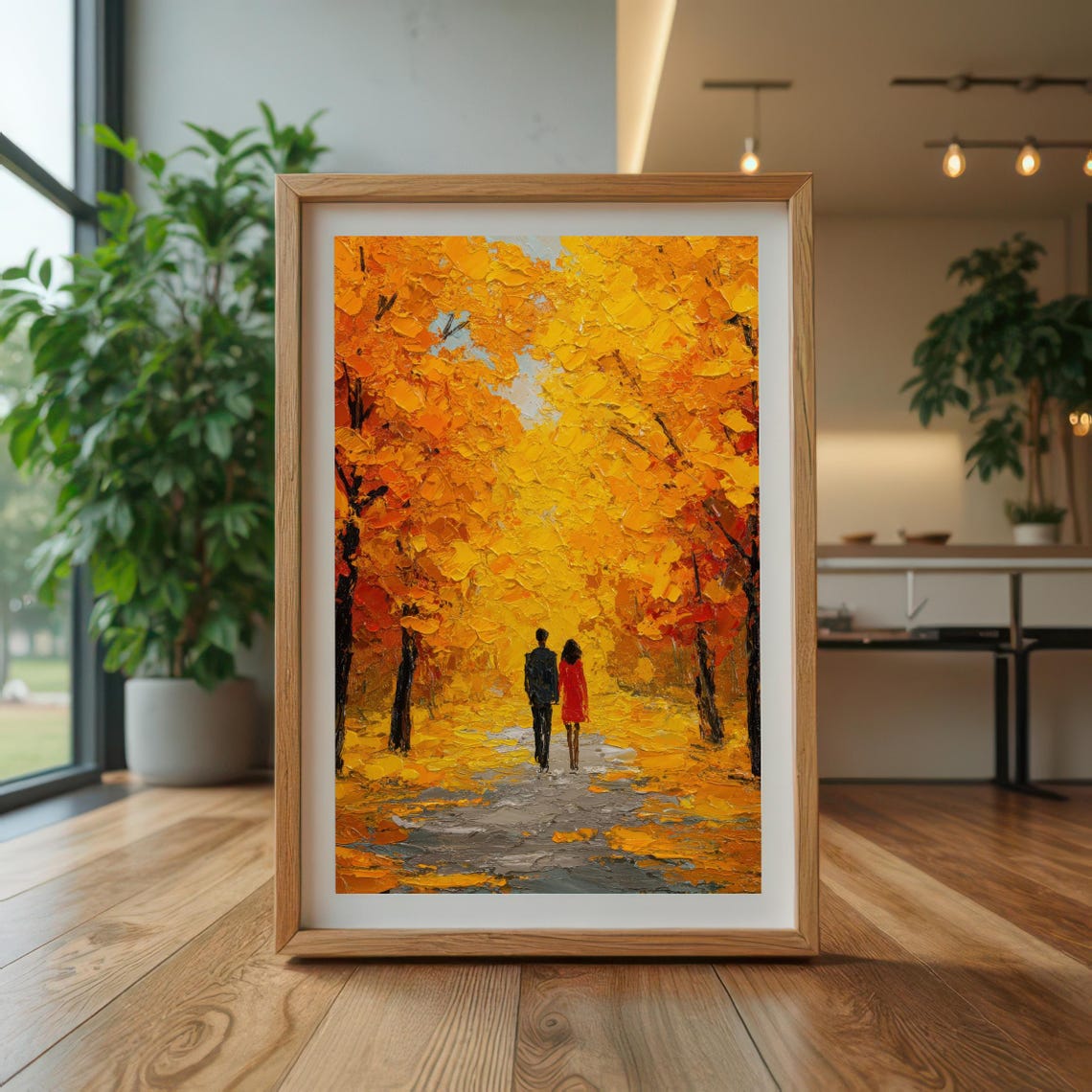 Autumn Stroll Romantic Couple Under Golden Trees Impasto Poster
