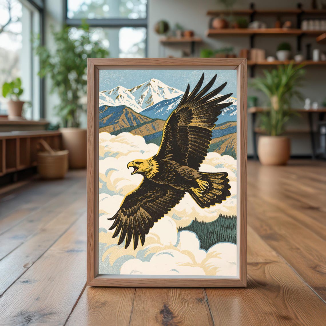Eagle Soaring Over Snowy Mountains Vintage Woodcut Nature Poster