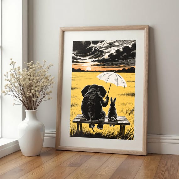 Elephant Rabbit Sunset Friendship Art Whimsical Animal Companionship Print Instant Wall Decor
