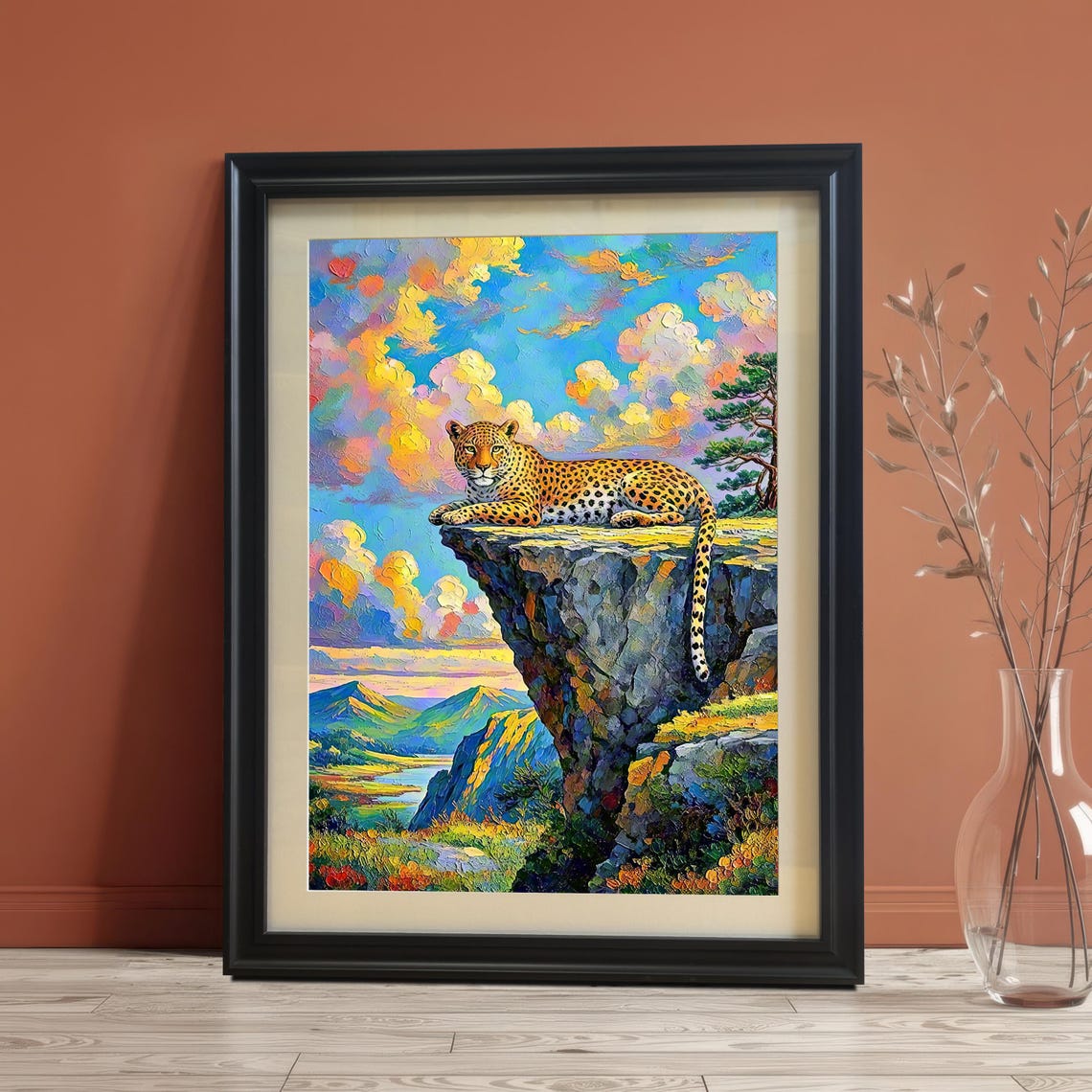 Leopard On A Cliffside Oil Painting Print Wall Art Wood Framed Decor