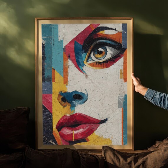 Abstract Woman Face Art Modern Pop Colorful Female Portrait Wall Decor Expressive Contemporary