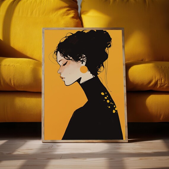 Expressive Minimalist Woman Portrait Orange Abstract Art Modern Figure In Profile Vibrant Wall Decor