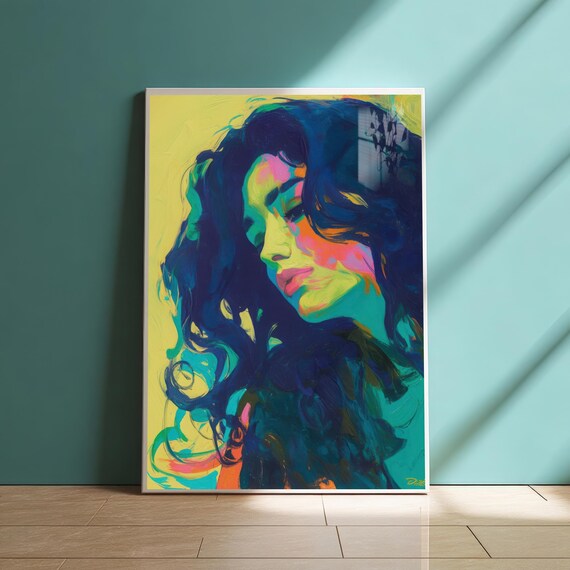 Neon Pop Art Woman Portrait with Curly Hair Vibrant Art Print