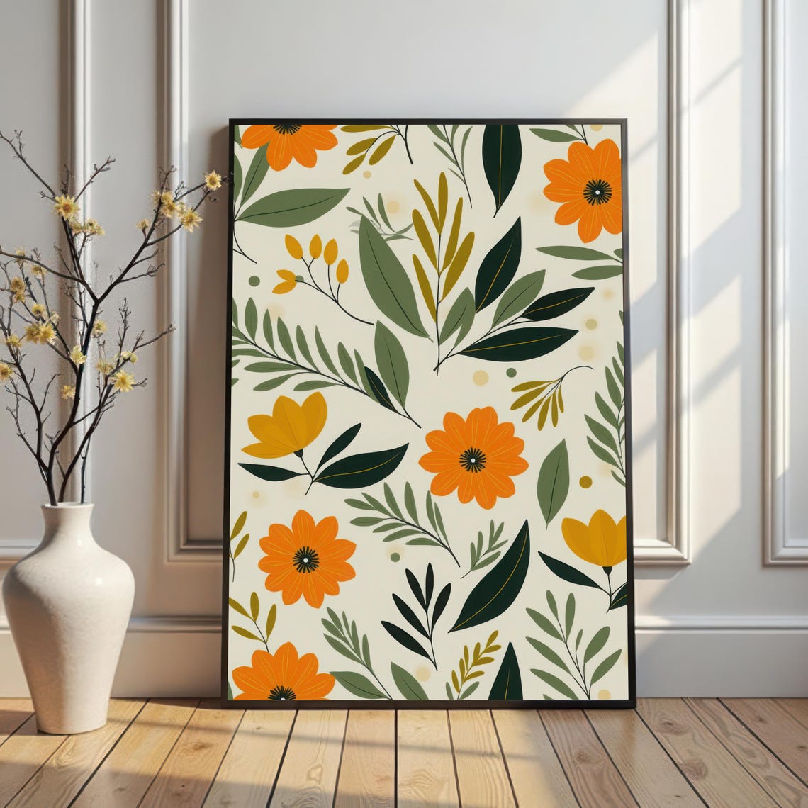 Orange and Yellow Folk Flowers Scandinavian Botanical Wall Art