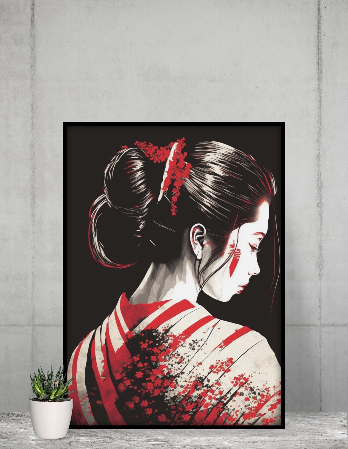 Striking Geisha Portrait Red Ink Splatter Japanese Woman Art Poster - Image 2