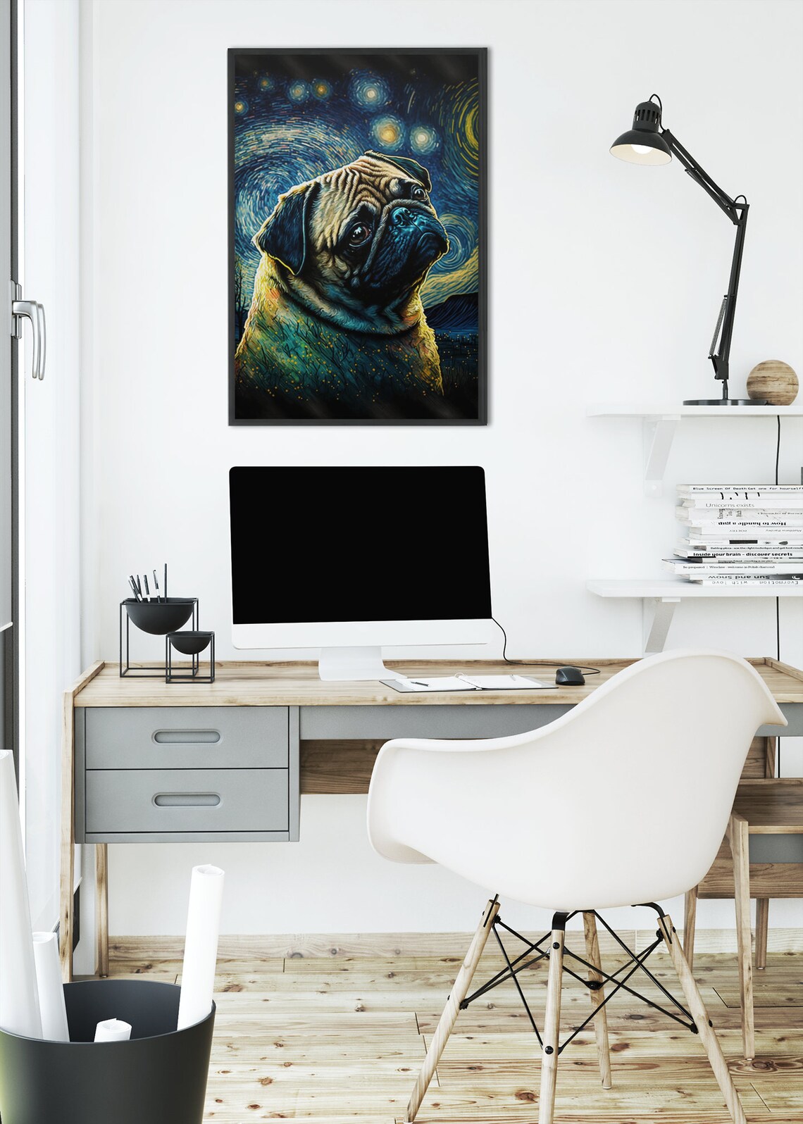 Pug Dog Starry Night Swirling Sky Adorable Pet Portrait Poster - Image 2