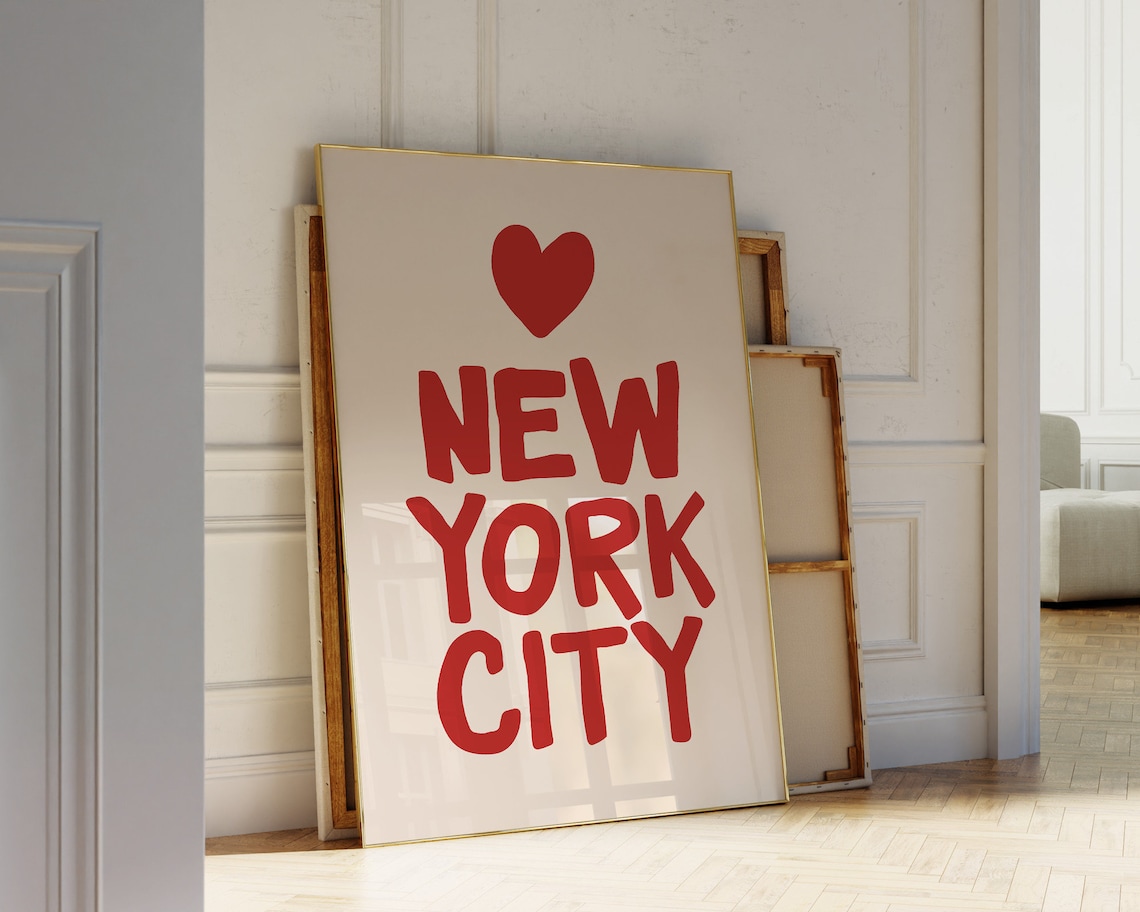 Love New York City Red Heart Hand Lettered Travel Quote Poster