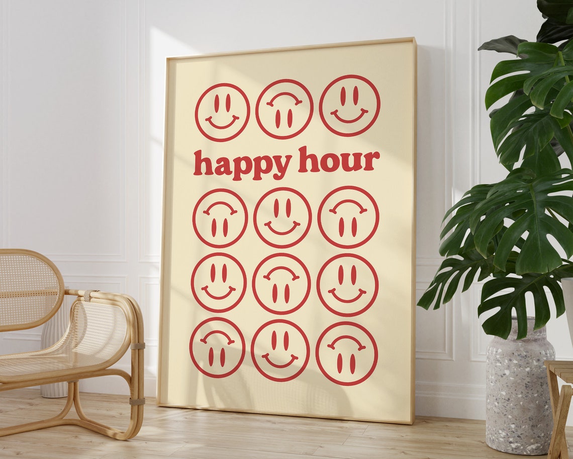 Cheerful Happy Hour Red Smiley Face Retro Cocktail Bar Wall Poster