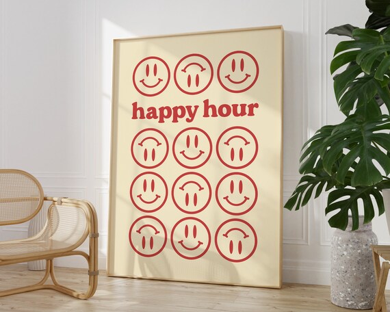 Cheerful Happy Hour Red Smiley Face Retro Cocktail Bar Wall Poster